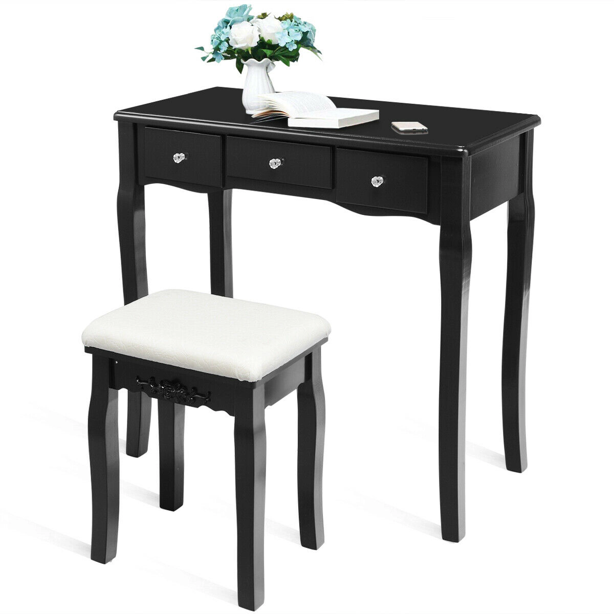 SUGIFT 10 Dimmable Light Bulbs Vanity Dressing Table Storage Box & Cushioned Stool 286-lb Table 250-lb Stool Capacity