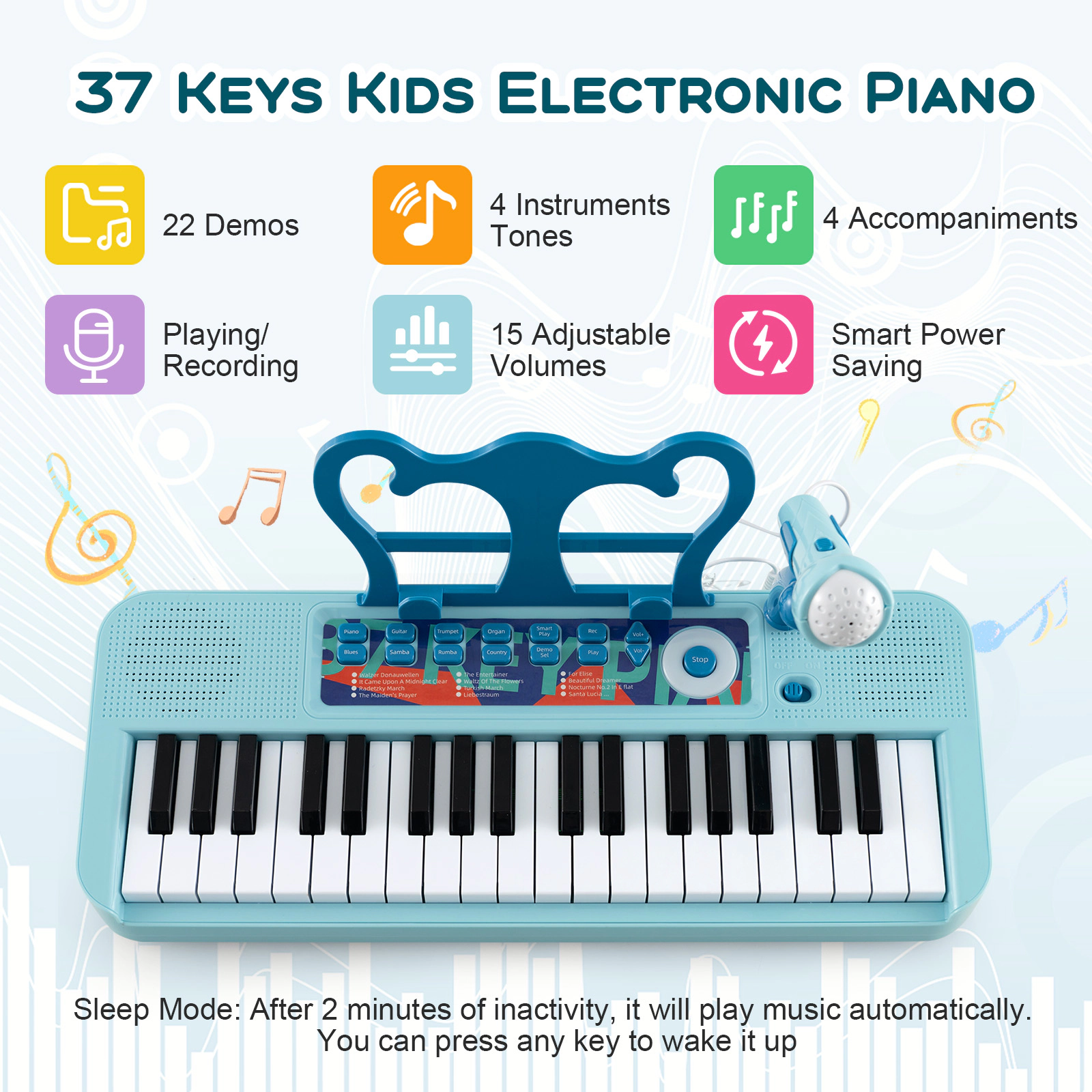 SUGIFT Blue 37-Key Kids Piano Keyboard with Microphone 22 Demo Songs Detachable Legs Music Stand and Stool