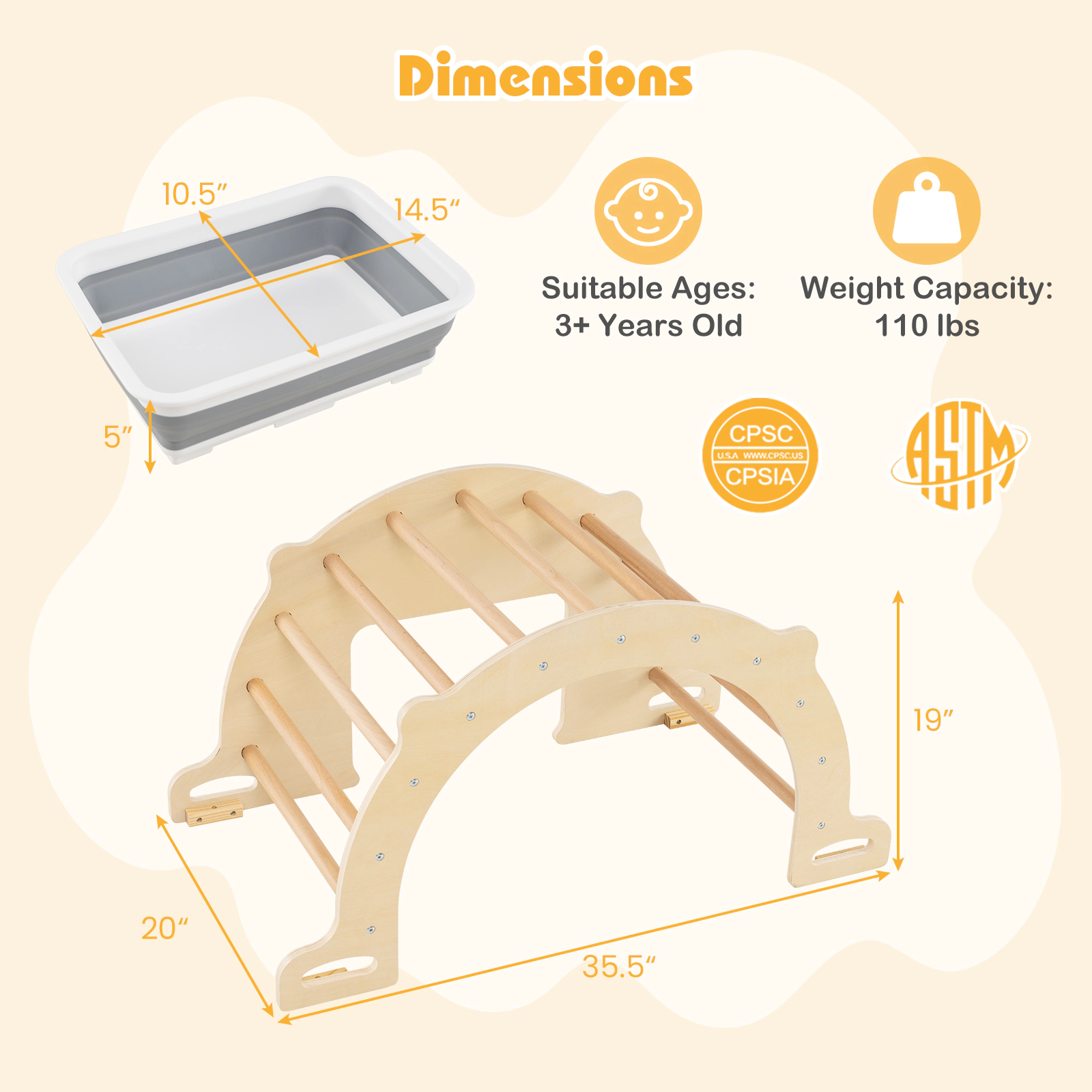 8-in-1 Wooden Climbing Arch Rocker Collapsible Toy Storage Bin 35.5-in Beech Frame and 110-lb Capacity Ages 3+ Natural