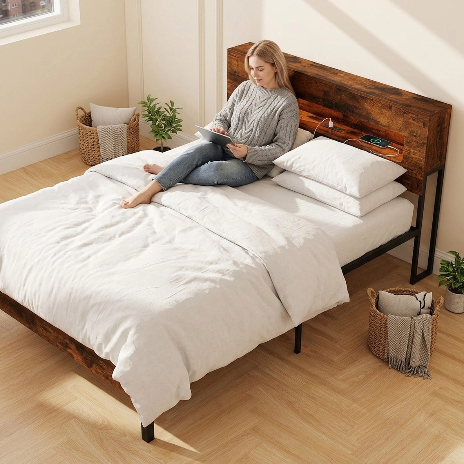 SUGIFT Full Platform Bed Frame with LED Storage Headboard, Full Size, Rustic Brown and Black