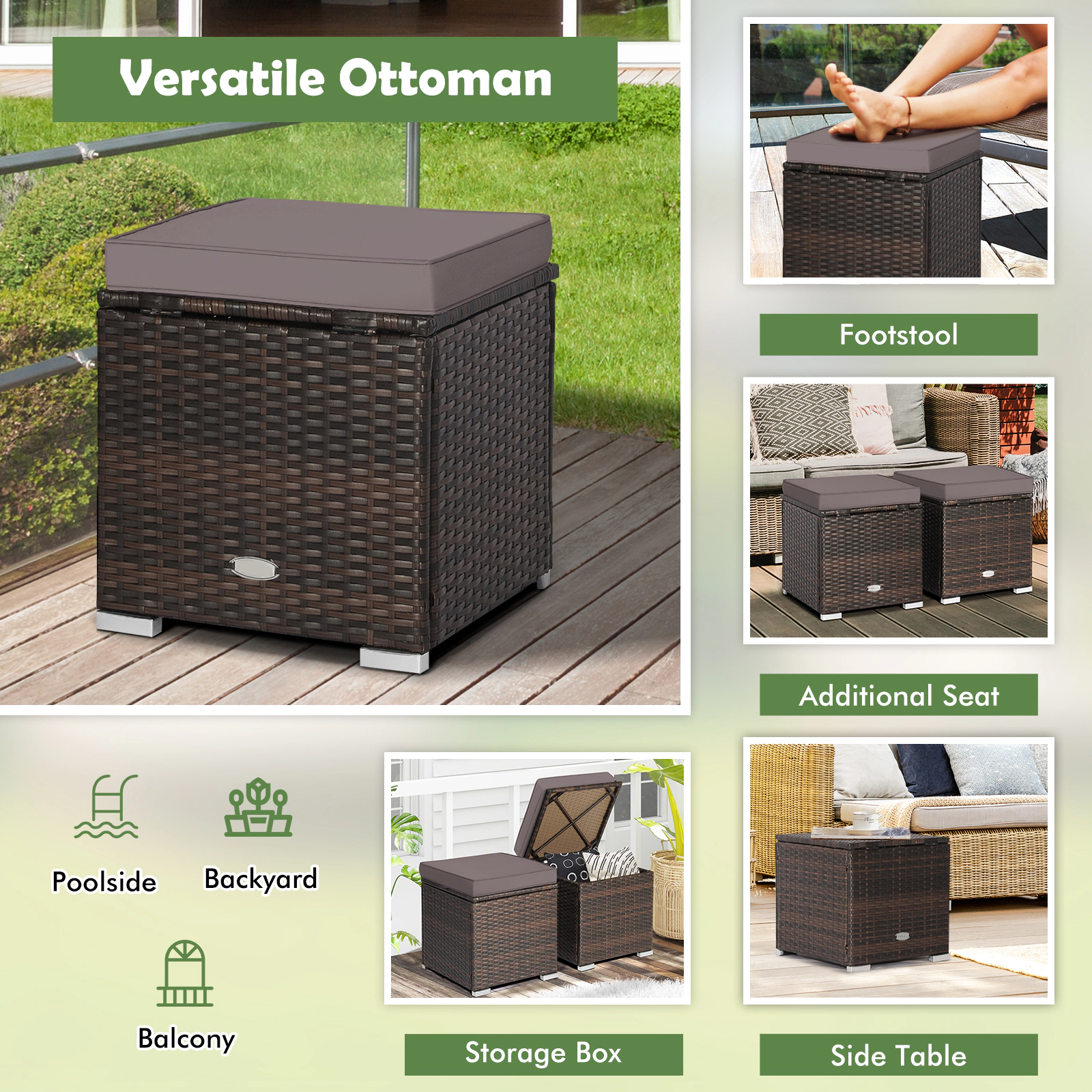 SUGIFT Set of 2 Brown 16-Inch Outdoor Wicker Storage Ottomans with Removable Cushions