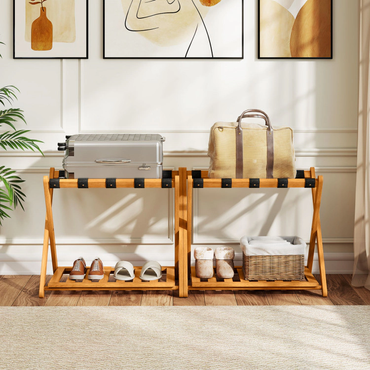 Hivvago Set of 2 Folding Luggage Racks with 5 Nylon Straps and Slatted Storage Shelf
