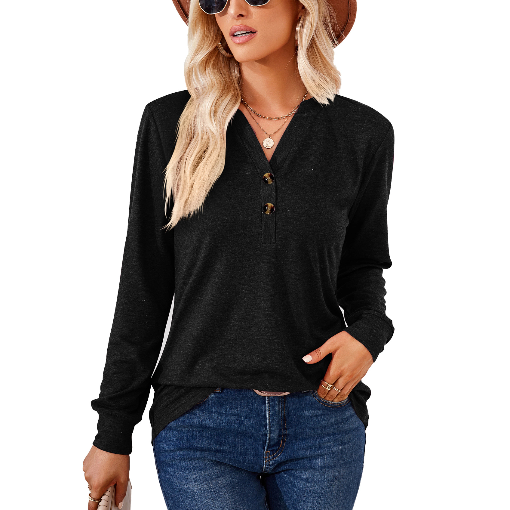 Enchanted Funland Womens Henley V‑Neck Long Sleeve Button Loose Casual Tops