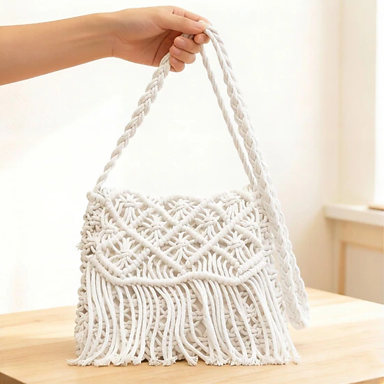 Alilang Women's Macrame Fringe Shoulder Bag Knotted Rope Crossbody Handbag Boho Woven Tassel Bag Handmade Style Purse