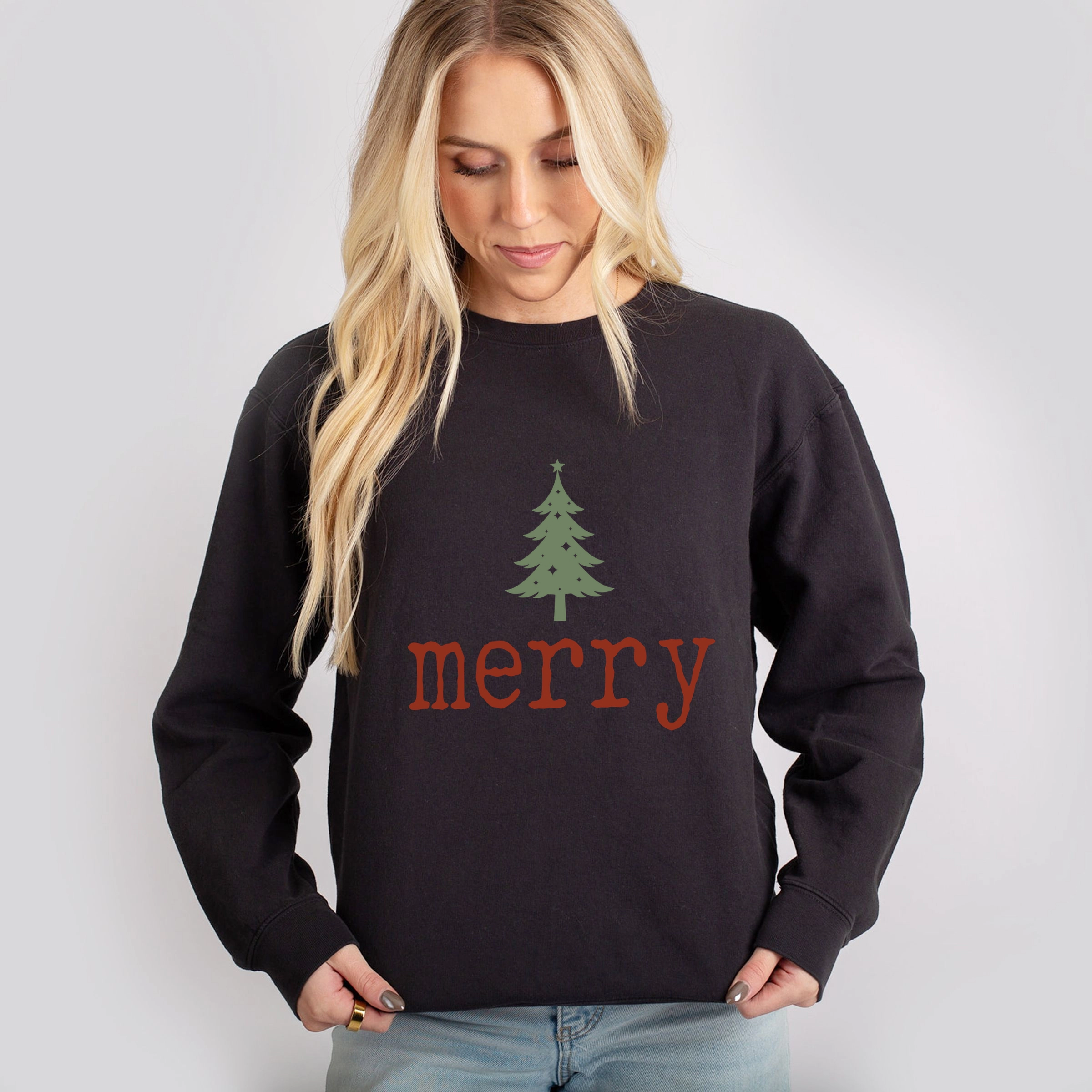 Simply Sage Market - Women's Lightweight Garment Dyed Sweatshirt Merry Christmas Tree Stars