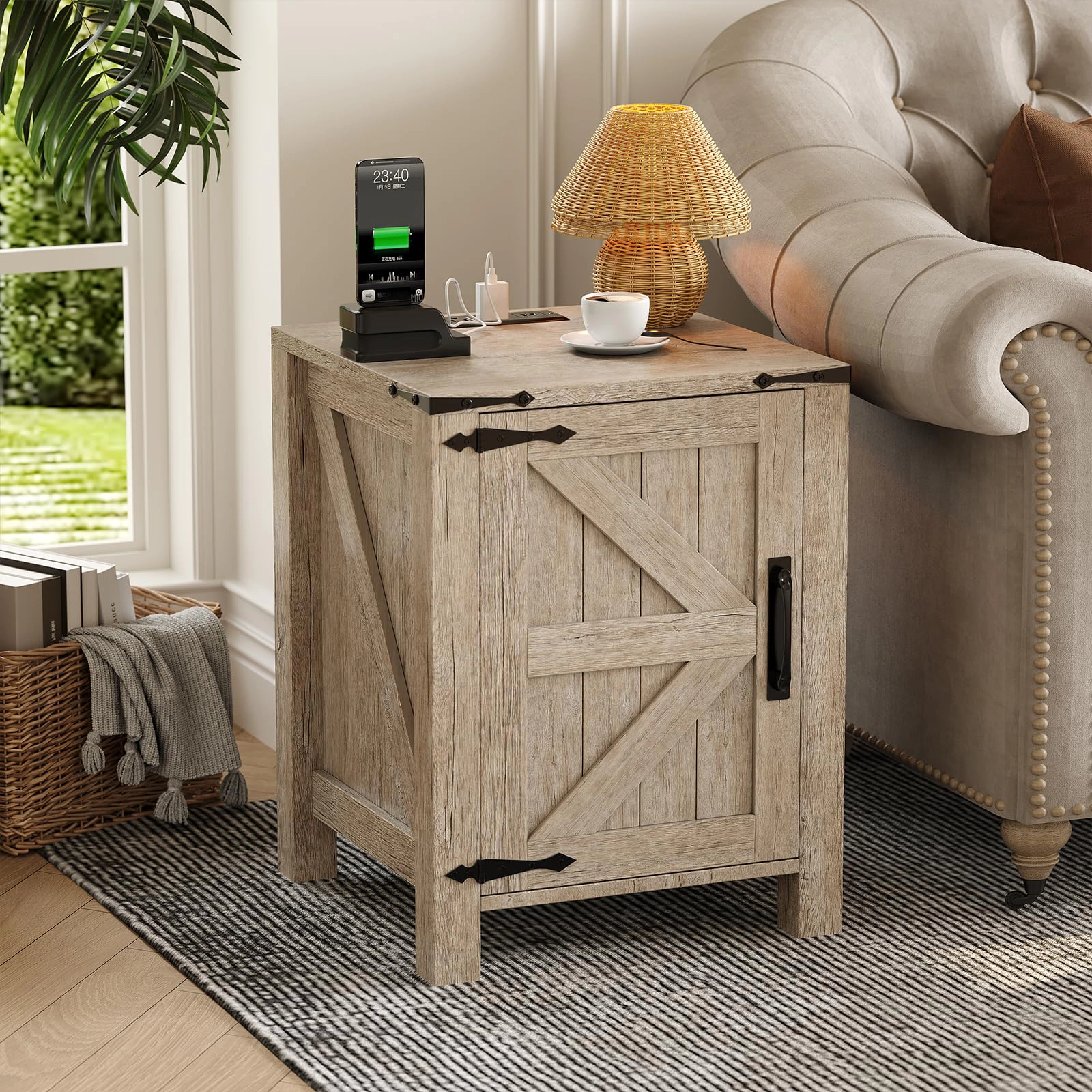 BebreezChic Set of 2 with USB Charging Station, Rustic Bedside Table with Sliding Barn Door and Adjustable Shelf