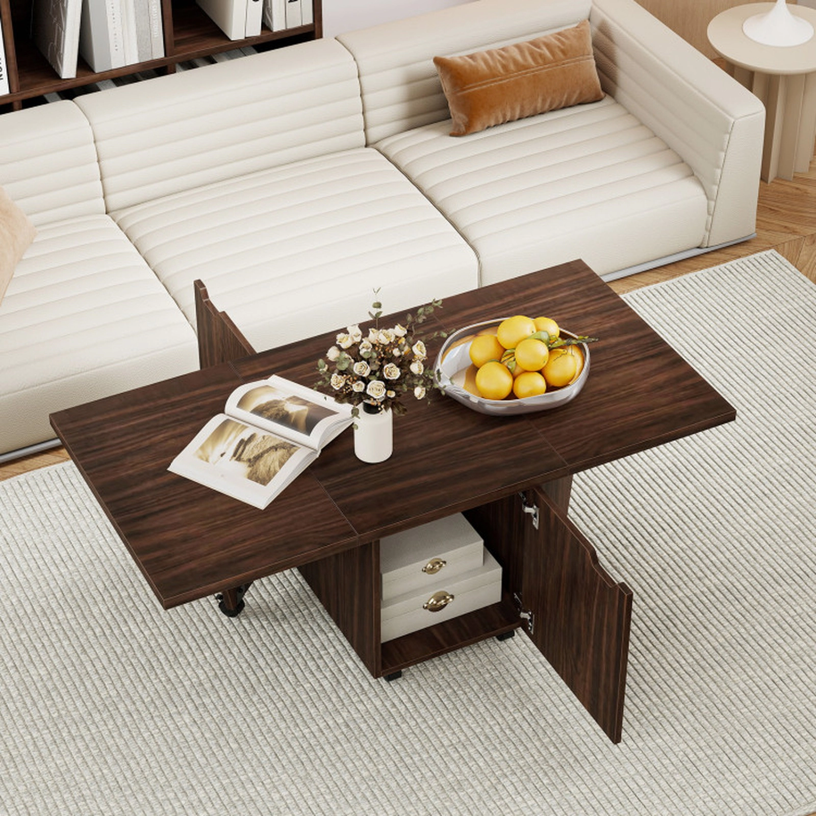 SUGIFT Foldable Coffee Table with Storage Cabinet Extendable Center Tabletop 155-lb Capacity Walnut