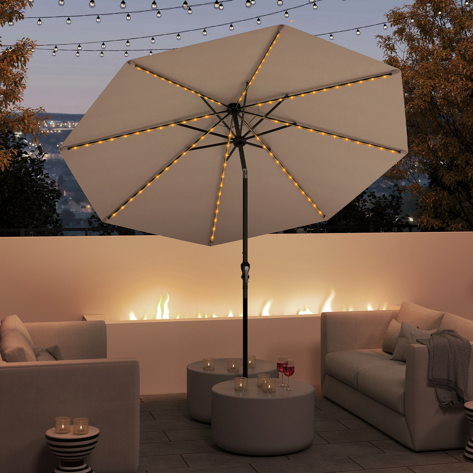 SUGIFT 10 ft Coffee Solar Market Patio Umbrella, 96 LED Lights, 9 Modes, Crank Lift and Push-Button Tilt