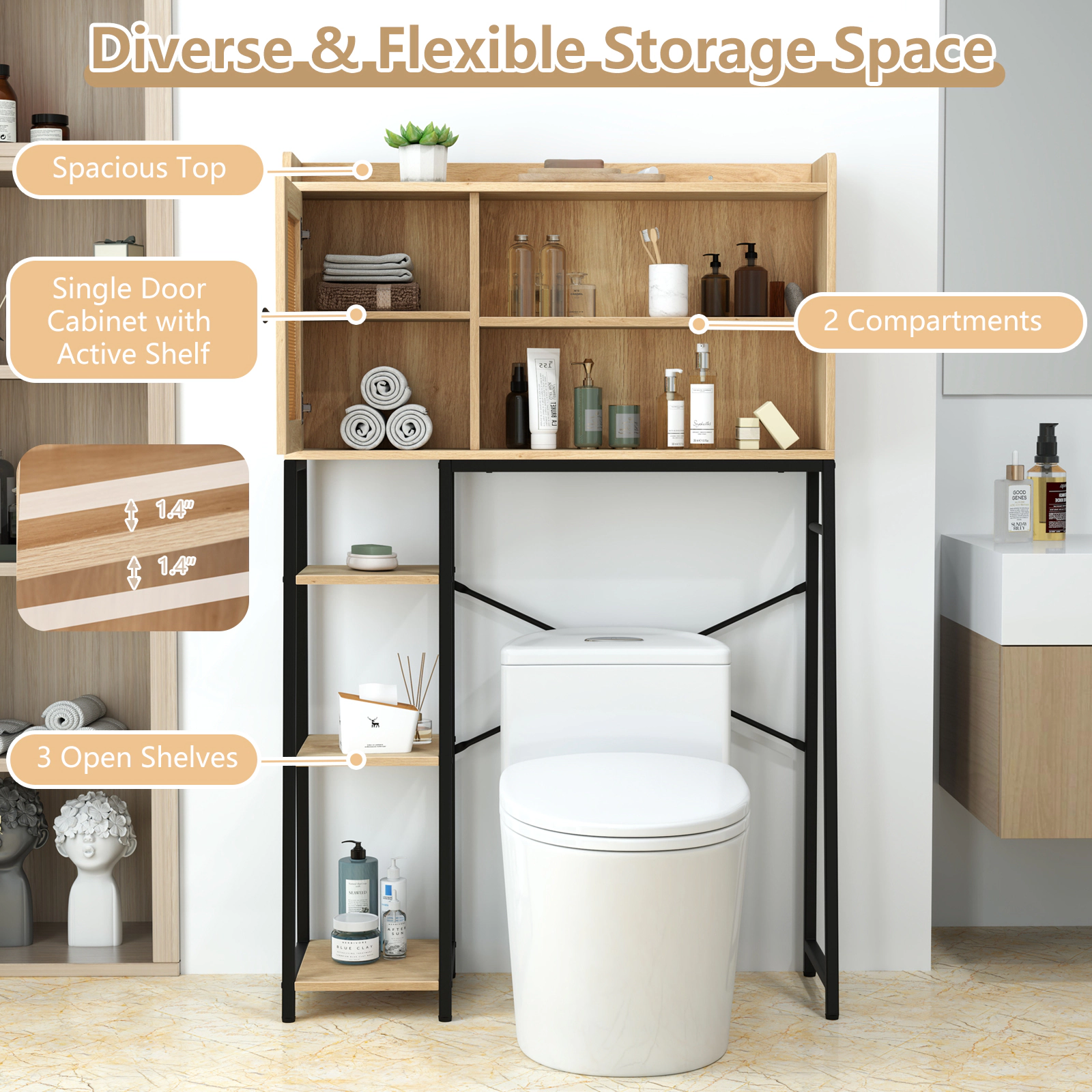 Slickblue Bathroom Over Toilet Storage Cabinet with Rattan Door and Open Shelving Unit