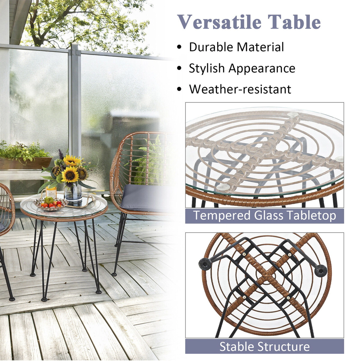 SUGIFT Gray 3-Piece Rattan Patio Bistro Set with Cushioned Armchairs