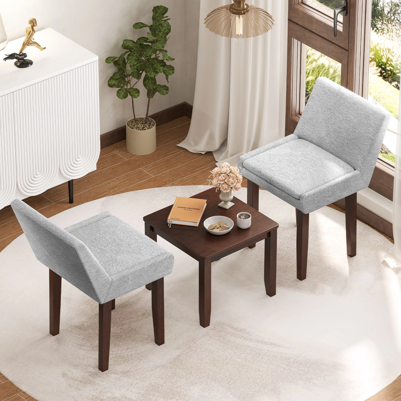 SUGIFT 3-Piece Brown Accent Chair and Side Table Set, 2 Upholstered Slipper Chairs with Padded Seats