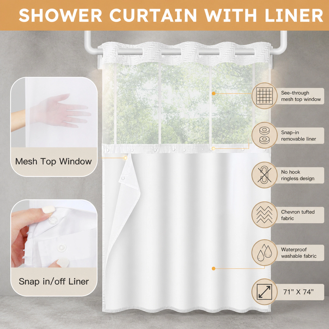 WZK Snap In Liner Ringless No Hook Waterproof Washable Tufted Chevron Shower Curtain Set