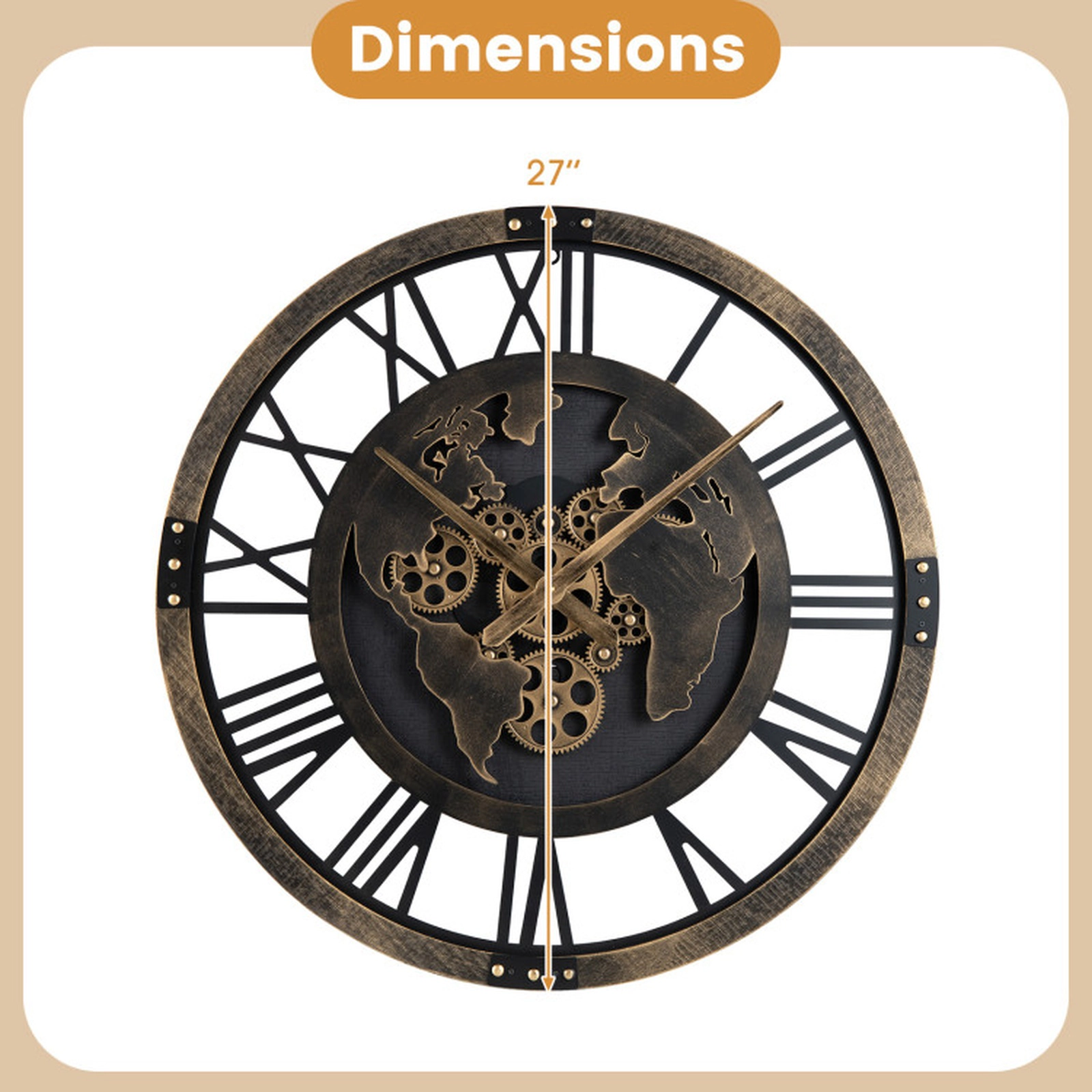 SUGIFT 27-in Oversized Brown Metal Gear Wall Clock with World Map and Non-Ticking Quartz Movement