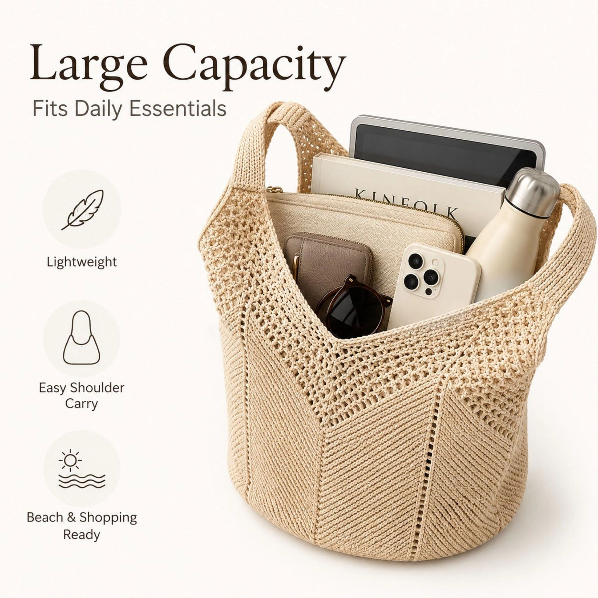 Alilang Women's Crochet Knit Tote Bag Openwork Shoulder with Heart Inspired Detail