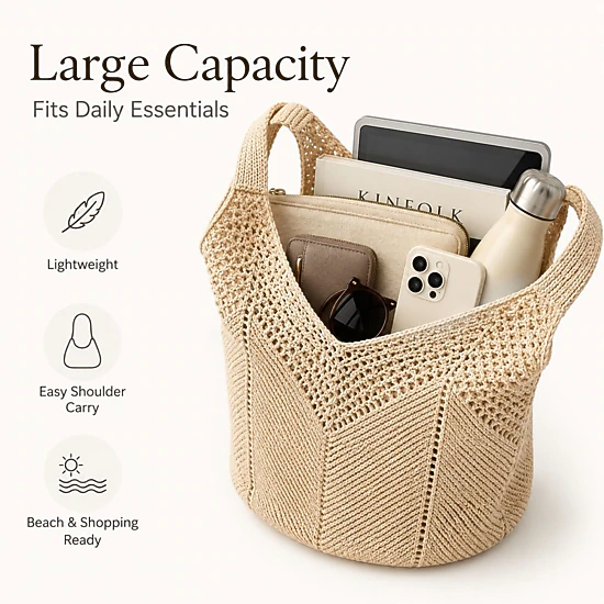 Alilang Women's Crochet Knit Tote Bag Openwork Shoulder Bag with Heart Inspired Detail