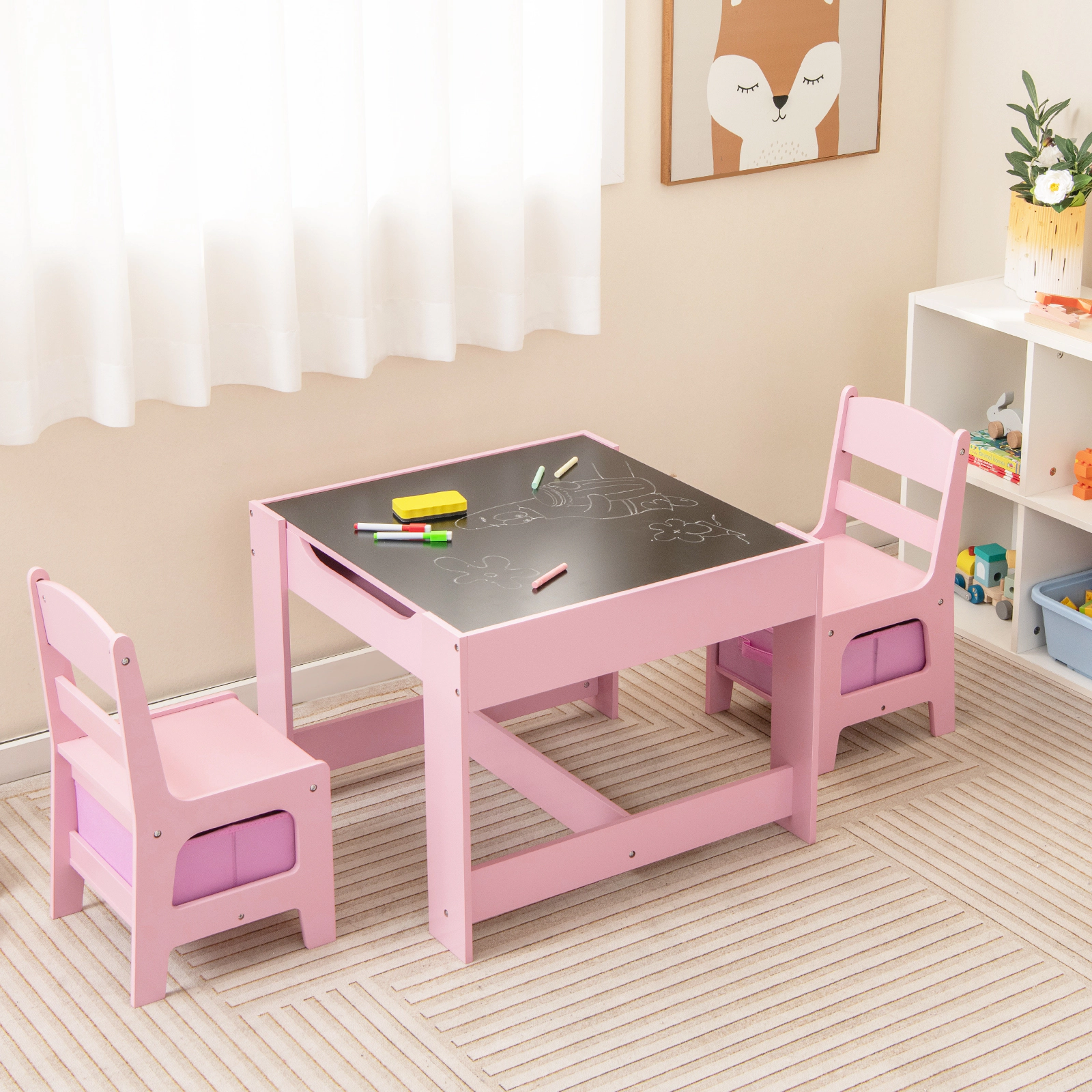SUGIFT 2-in-1 Kids Table & Chair Set with Blackboard & Whiteboard 50-lb Table 100-lb Chairs Ages 3-7 Pink/White/Natural