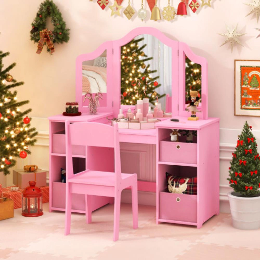 Hivvago Kids Vanity Table And Chair Set With Removable Mirrors 4 Storage Bins