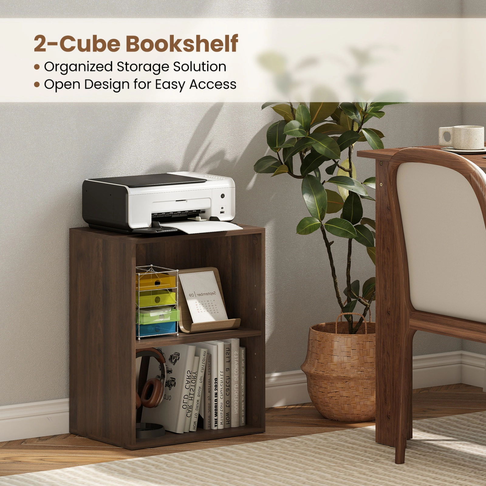 SUGIFT 2-Cube Dark Walnut 21-in Low Bookshelf with 5-Position Adjustable Shelf and Floor Standing Cube