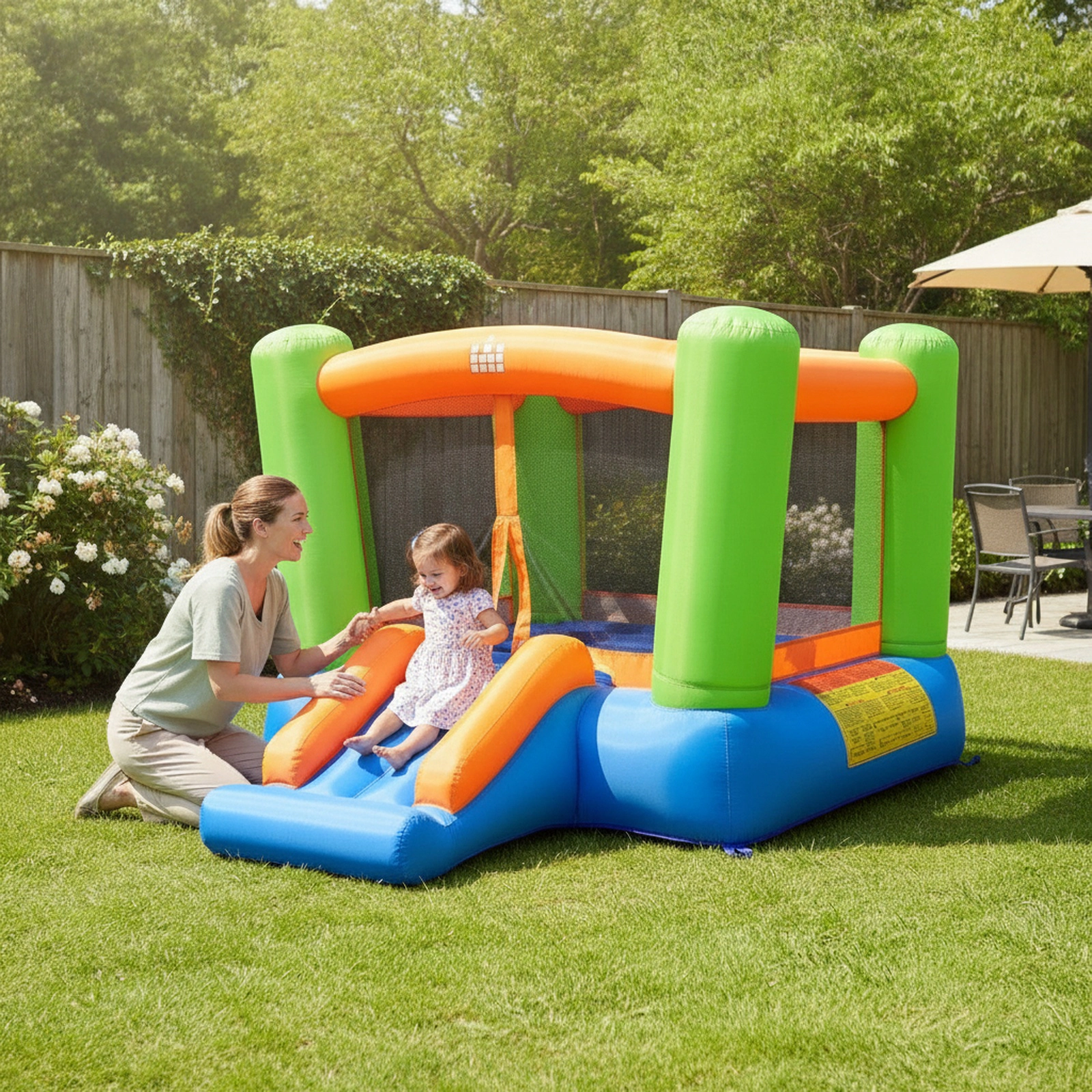 Kids Inflatable Bounce House with Curved Slide and Mesh Walls for 2 Kids 200-lb Capacity Blower Not Included Indoor