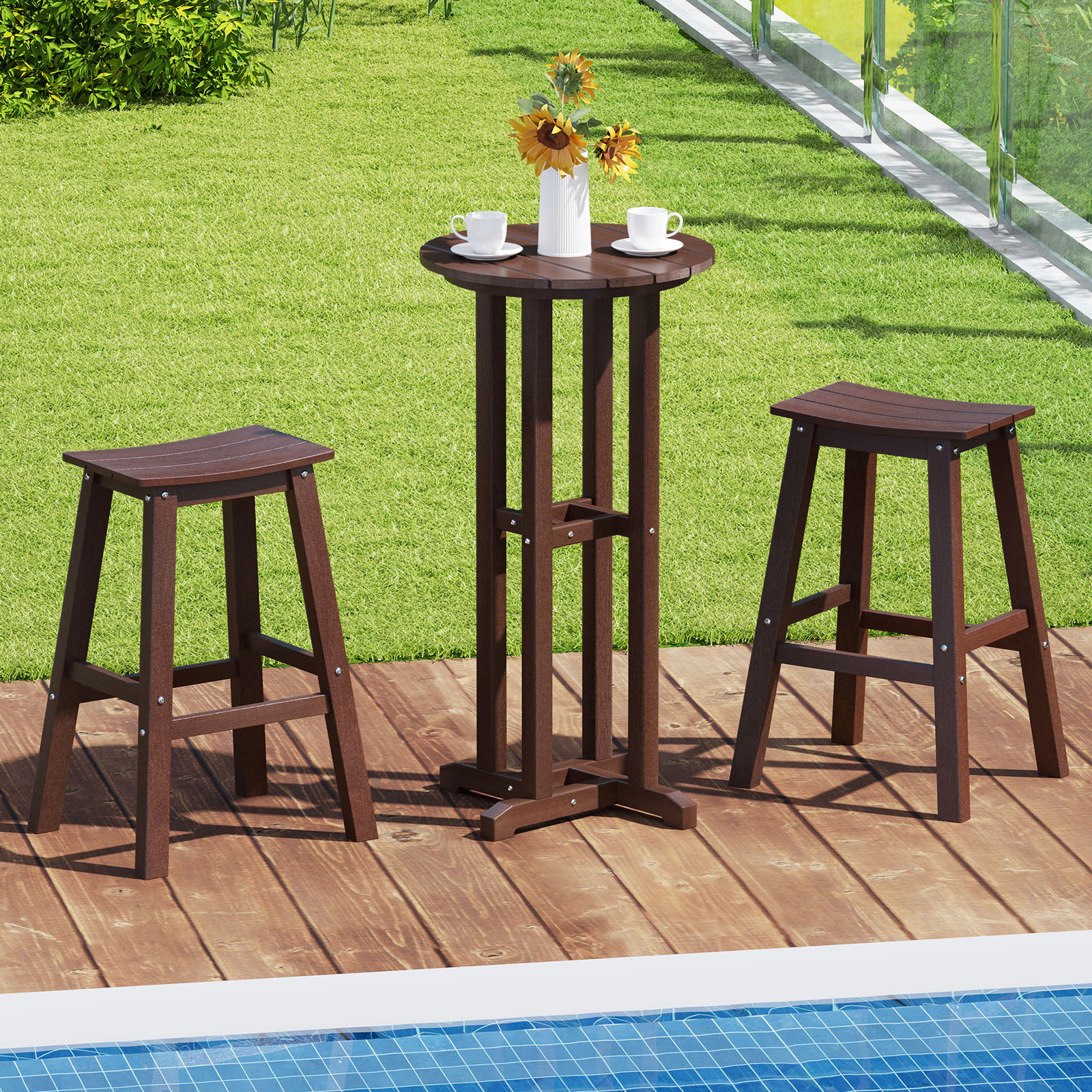 LJG 21.5 Inch Round Bar Table Patio HDPE Height Dining with Slatted Tabletop