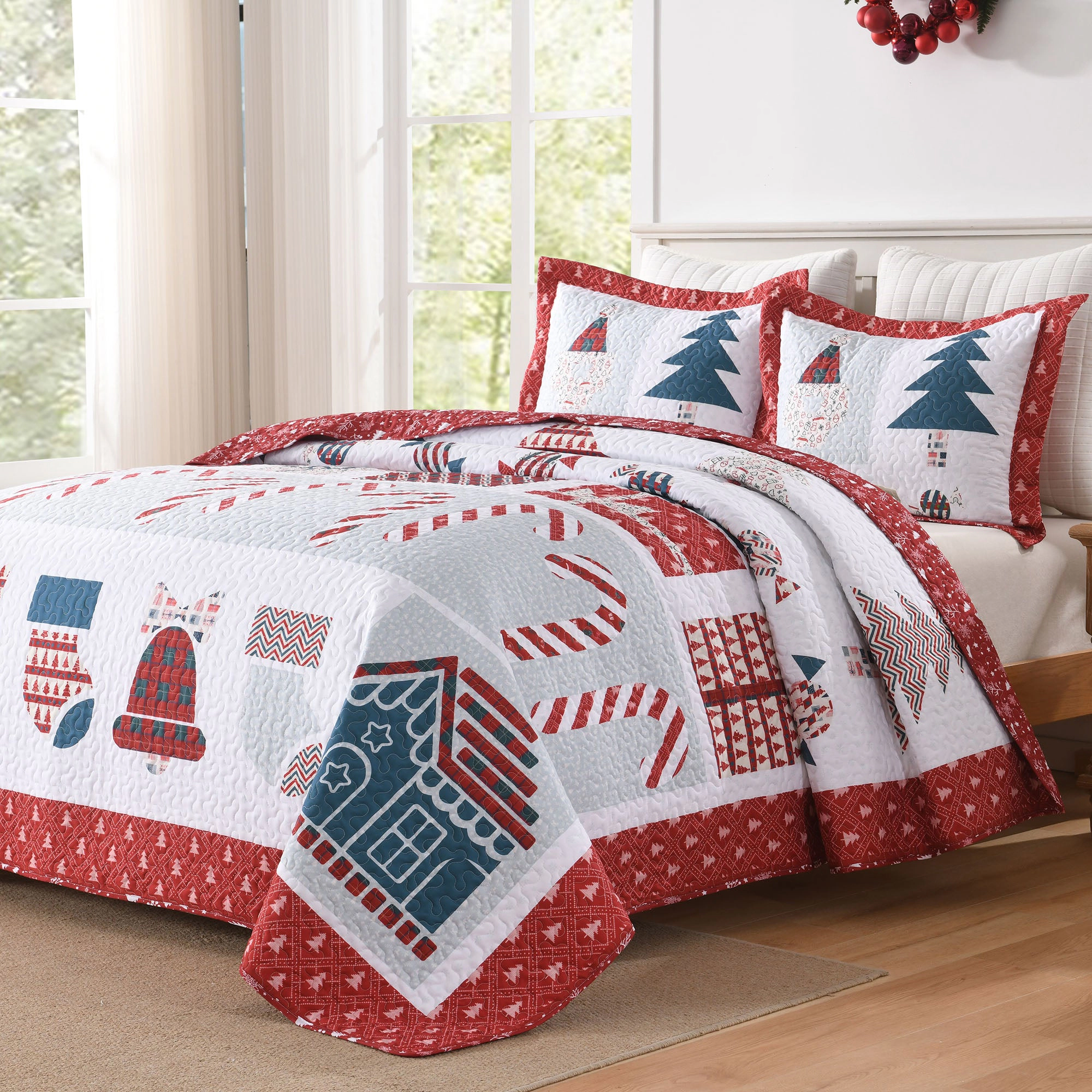 MarCielo 3 Piece Christmas Holiday Quilt Bedspread Set,Soft Reversible Bedding Set