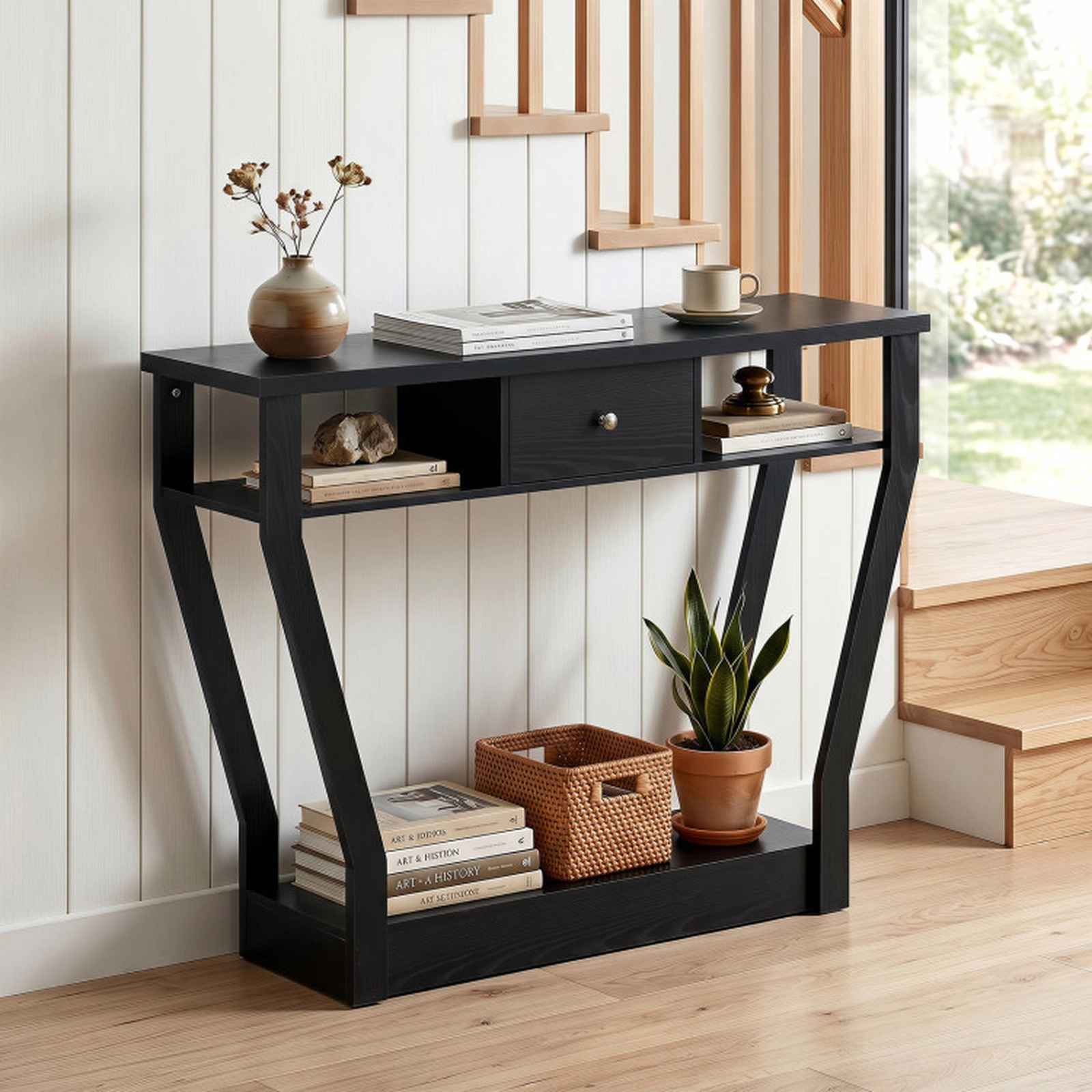 SUGIFT 3-Tier Curved Legs Storage Drawer Open Shelf Hall Console Table 43-in x 12-in x 32-in 66-lb Capacity Black