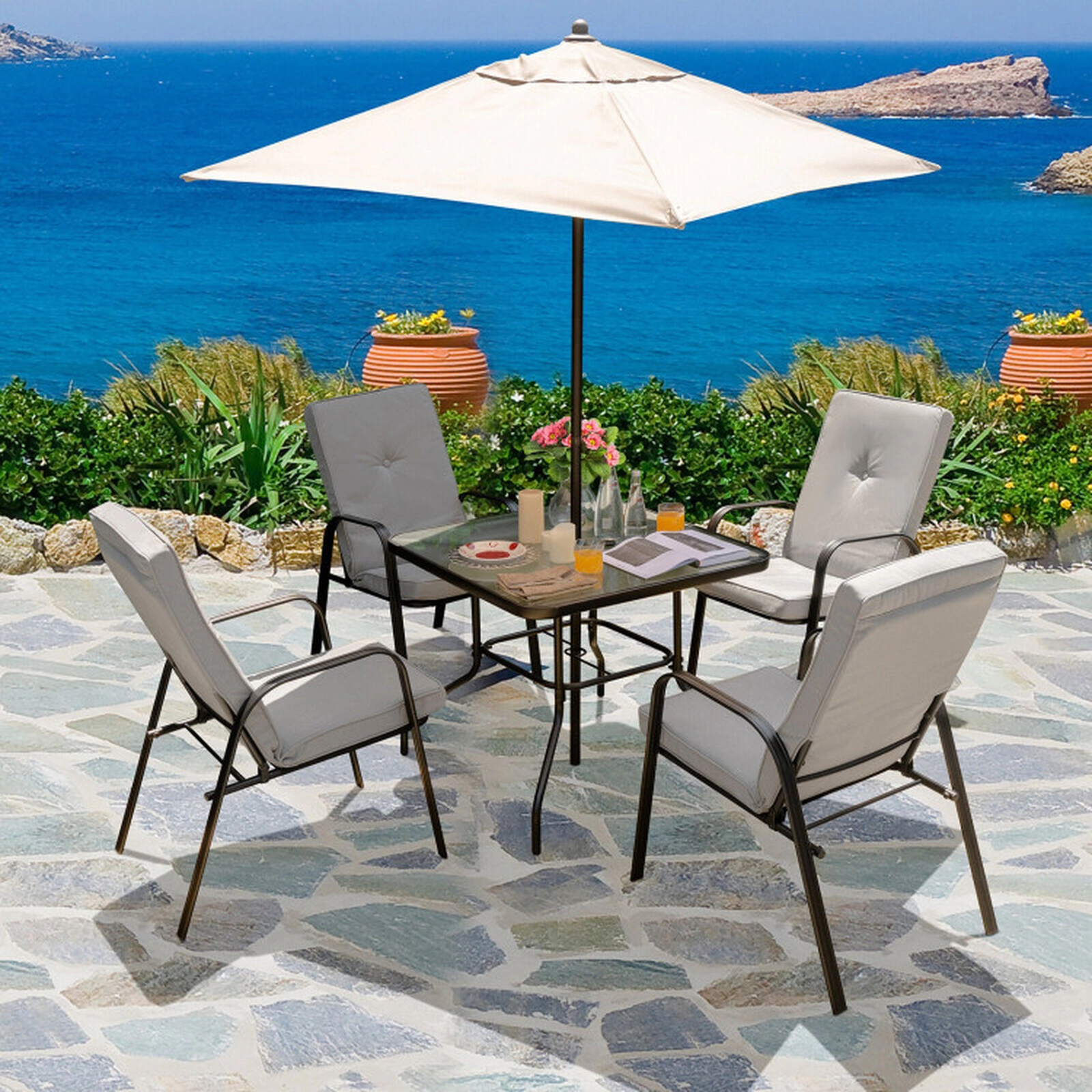 SUGIFT Sun-Resistant Square Patio Market Table Umbrella Shelter with 4 Sturdy Ribs 7.2-ft Tall Beige
