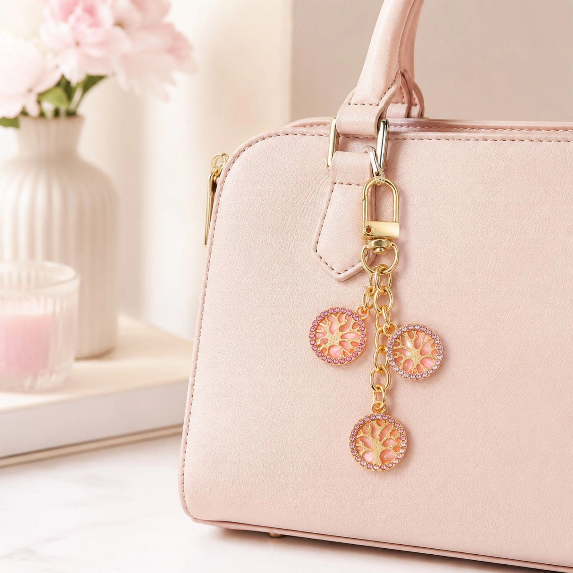Alilang Women's 3pc Tree Medallion Keychain Bag Charm with Rhinestone Trim Gold Tone Chain and Clip