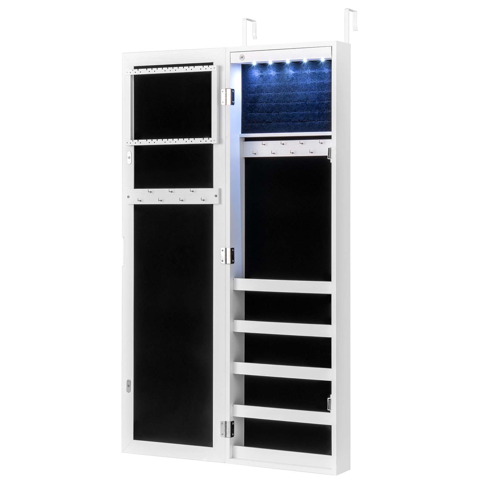 Slickblue 42 Inch Wall or Door Mounted Mirrored Jewelry Cabinet with LED Lights and Storage Shelves