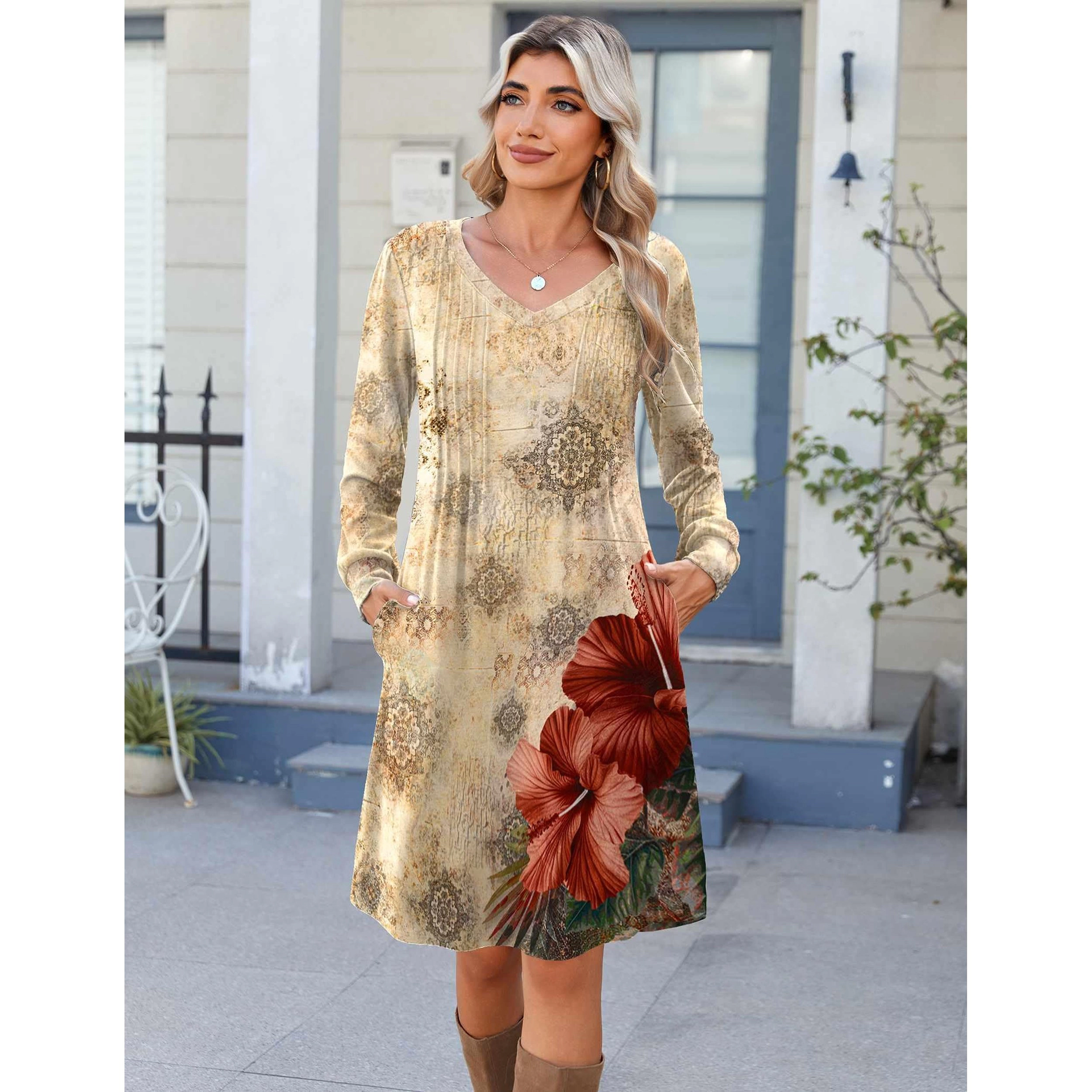 Zeagoo Women's V Neck Long Sleeve Midi Dress