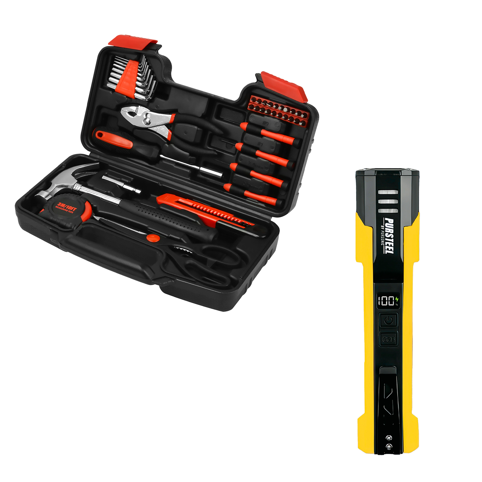 Pursonic Unisex UltraBright Flashlight + Handy Solutions 39-Piece Household Tool Kit Bundle