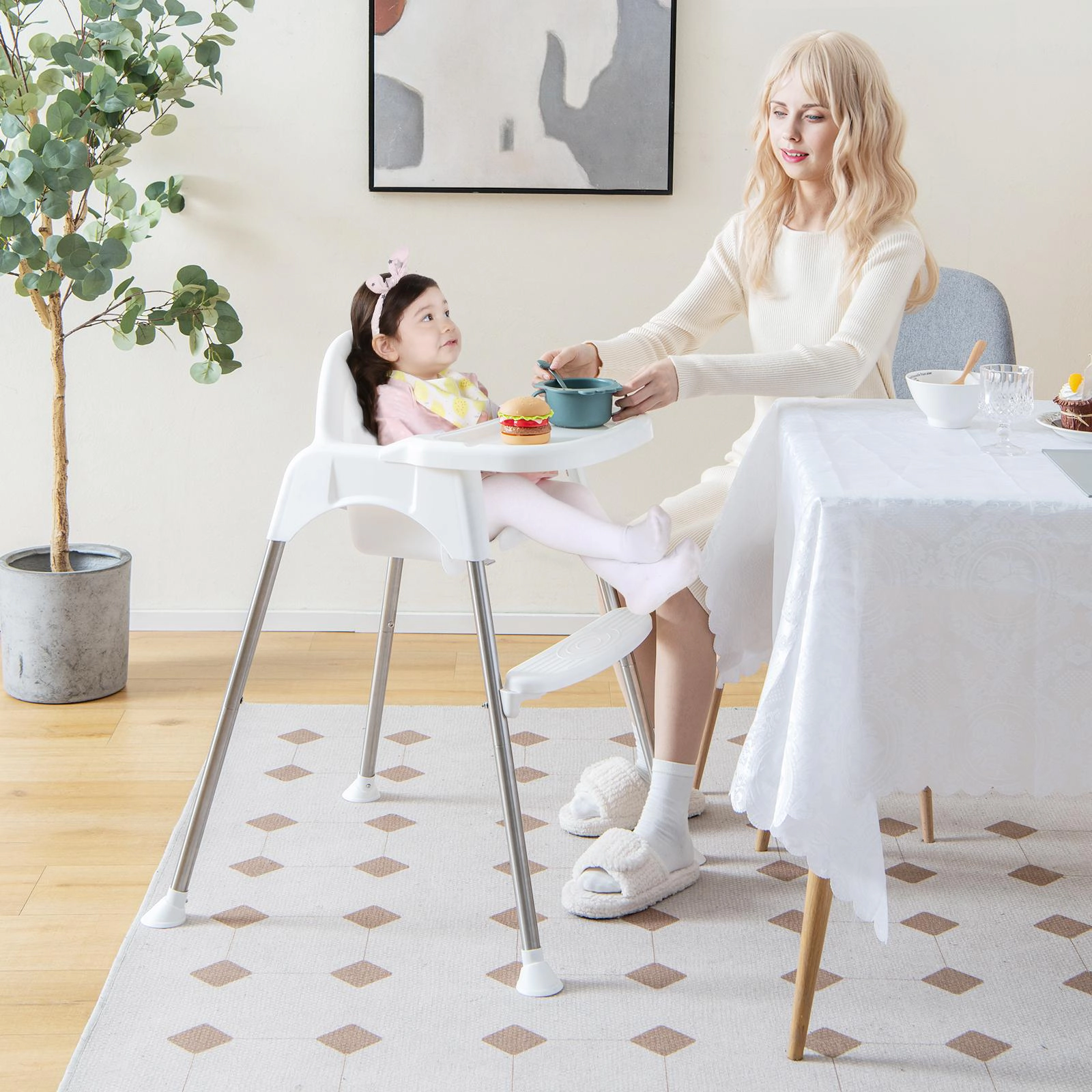 SUGIFT White Removable Double Tray and Toddler Chair 4-in-1 Convertible Baby High Chair