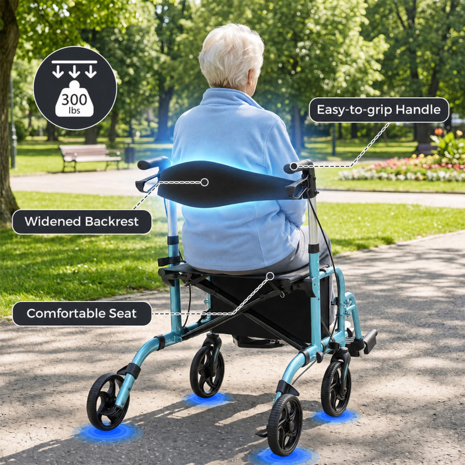 SUGIFT 2-in-1 Adjustable Folding Handle Rollator Walker and Wheelchair 300-lb Capacity Blue