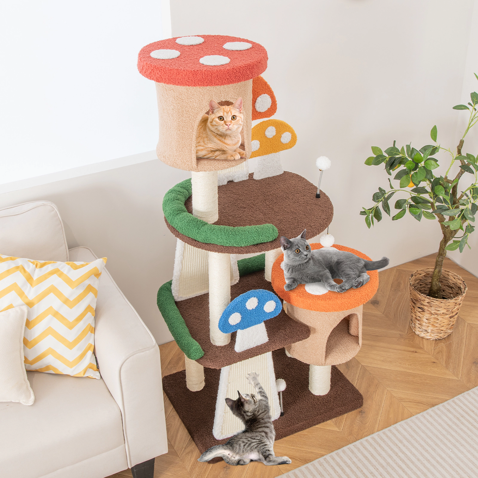 SUGIFT 57.5-in Tall 4-in-1 Cat Tree with 2 Condos 2 Platforms Sisal Boards and Mushroom Play Balls