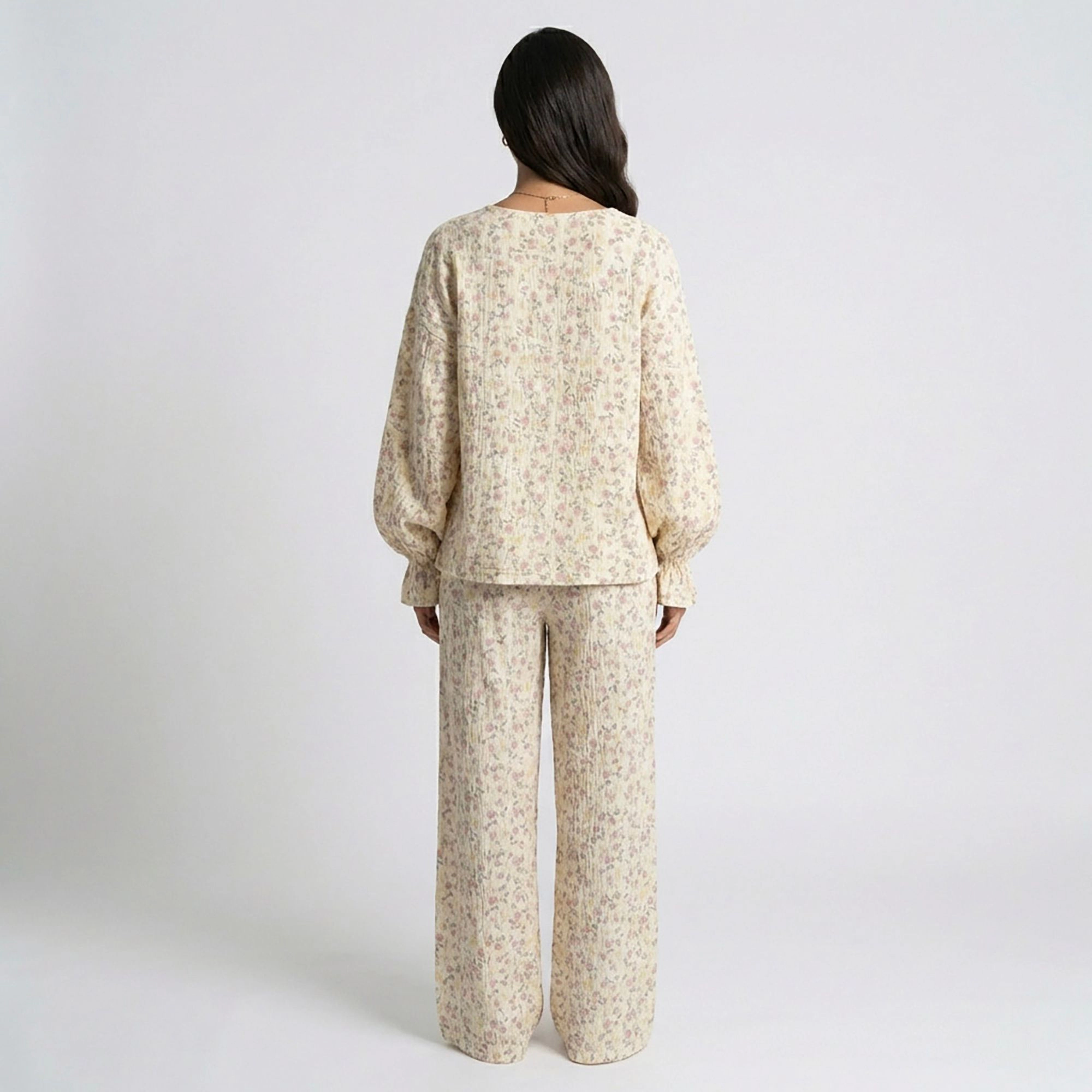 Anna-Kaci Women's Floral Print Woven Pajama Set with V-Neck Button Down Top and Wide Leg Elastic Waist Pants