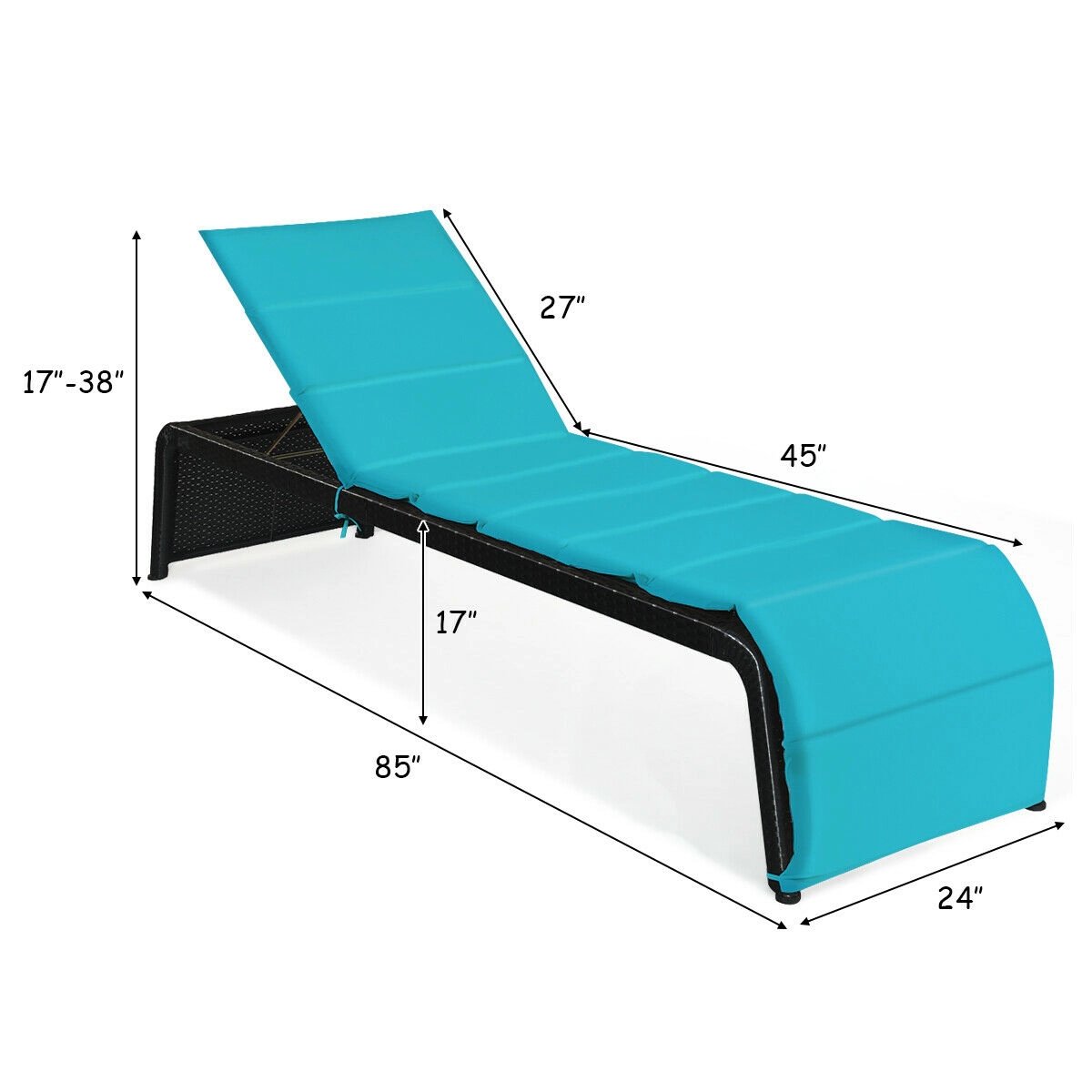 SUGIFT Adjustable Rattan Chaise Lounge Chair with 85-in Length 700-Lb Capacity with 2.5-in Cushion Turquoise
