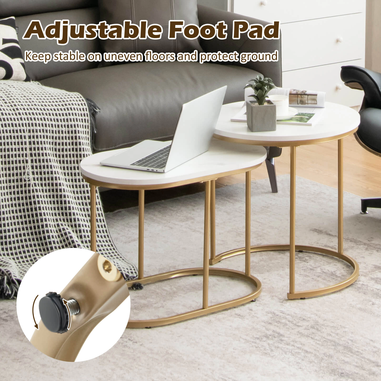 Glintex 2-Piece Nesting Side Table Set with Round and Rectangular Tops, White & Gold