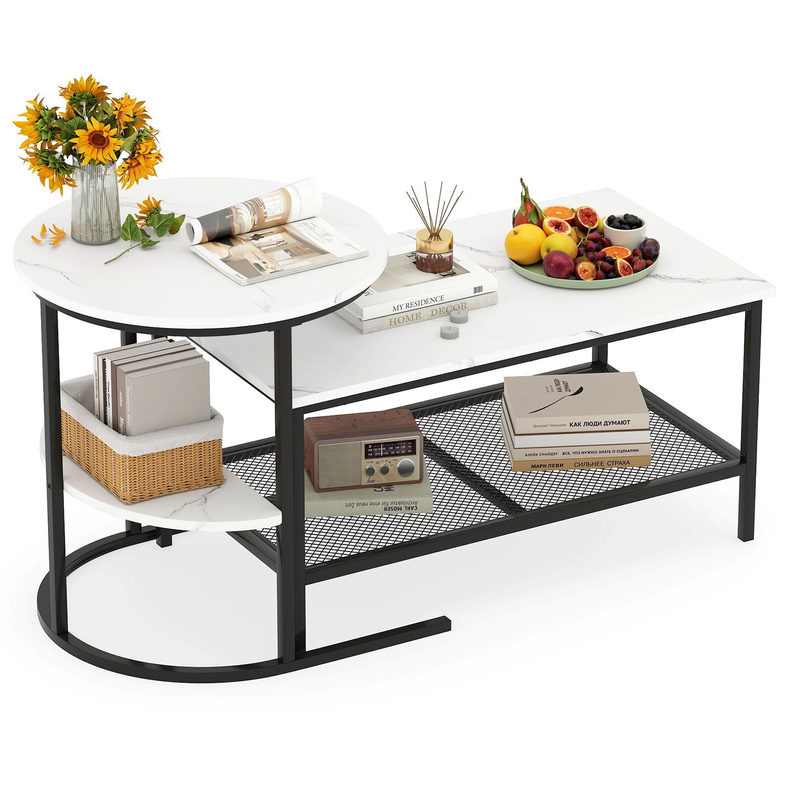 SlickBlue Faux Marble Coffee Table Set of 2  with Metal Frame Storage