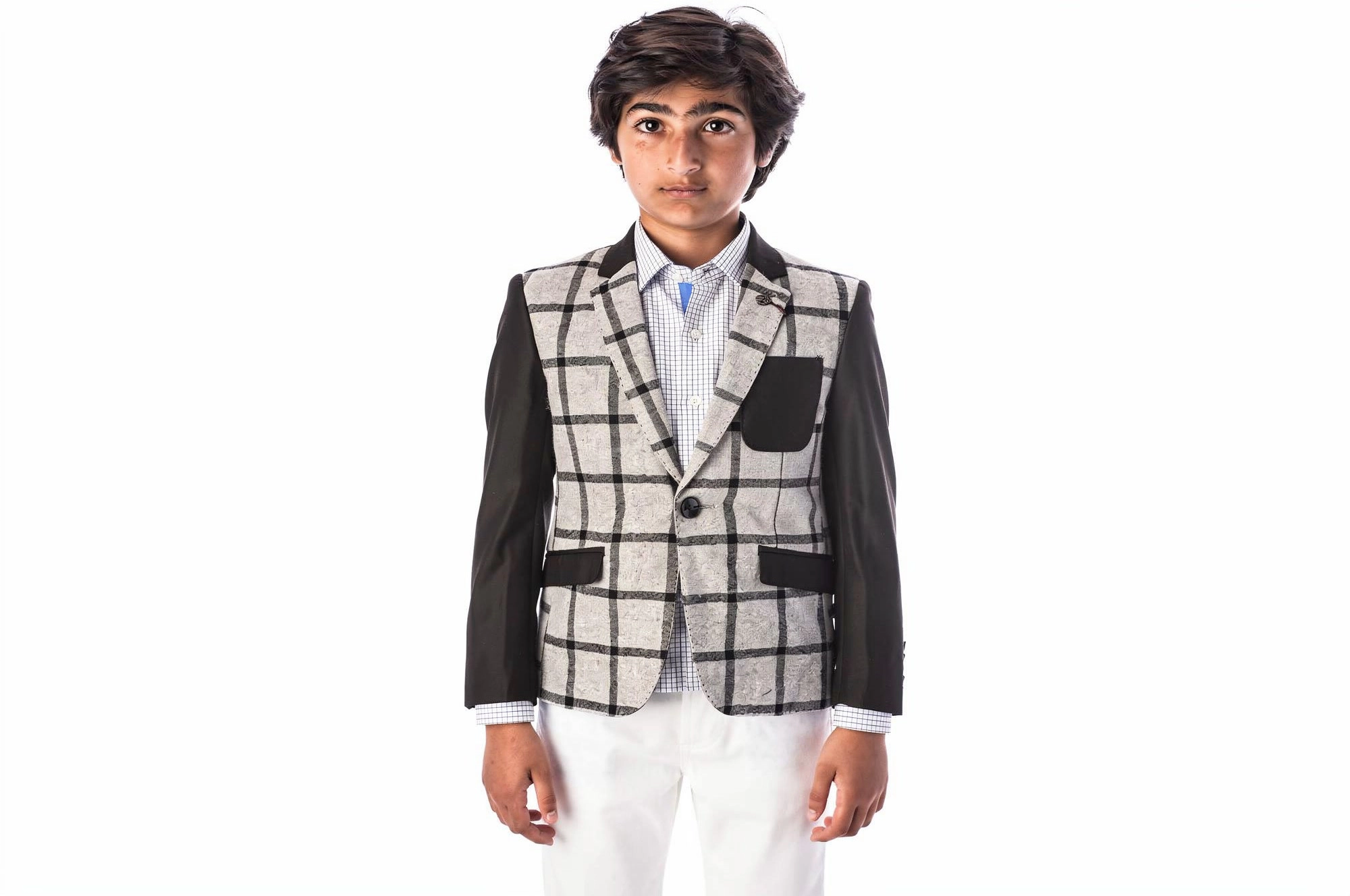 Elie Balleh Boys Slim Fit Windowpane Plaid Blazer