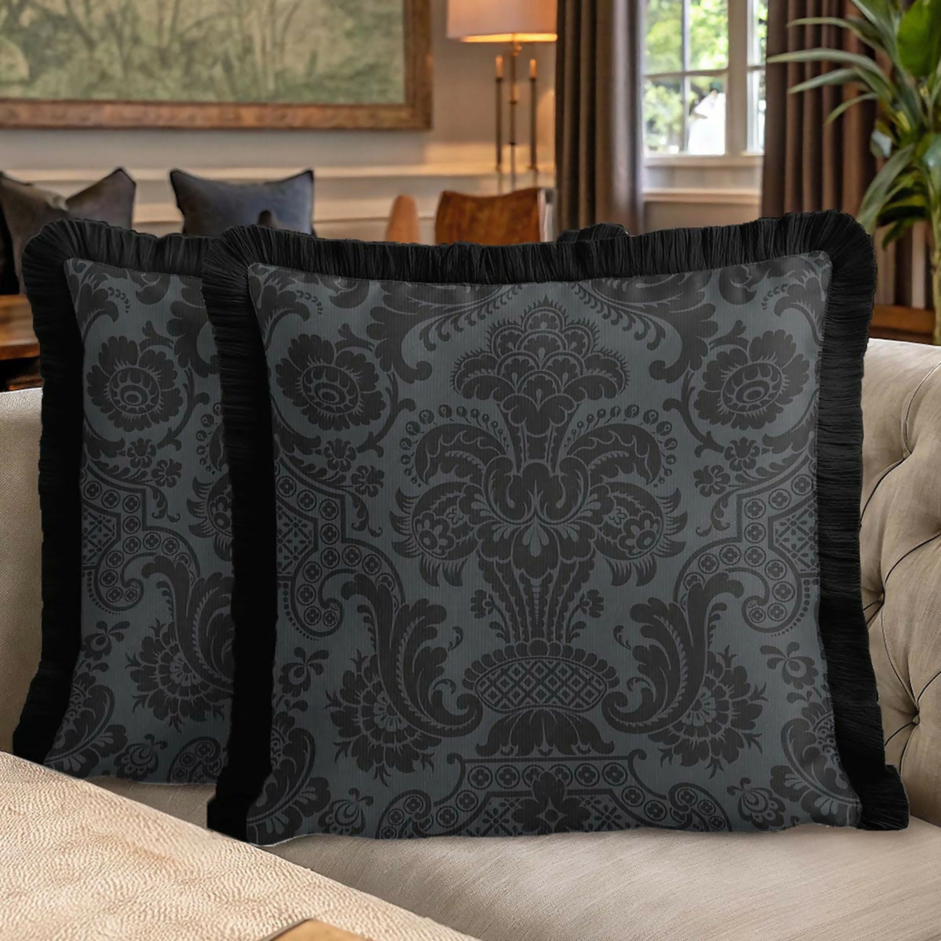 Wear Sierra Black Baroque Fringed Set of 2 Throw Pillow Cover