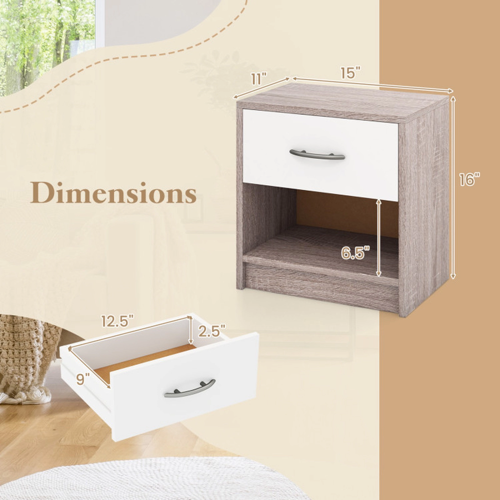 SUGIFT Bedside Table Nightstand with Drawer and Open Storage Shelf 22-Lb Capacity Light Gray