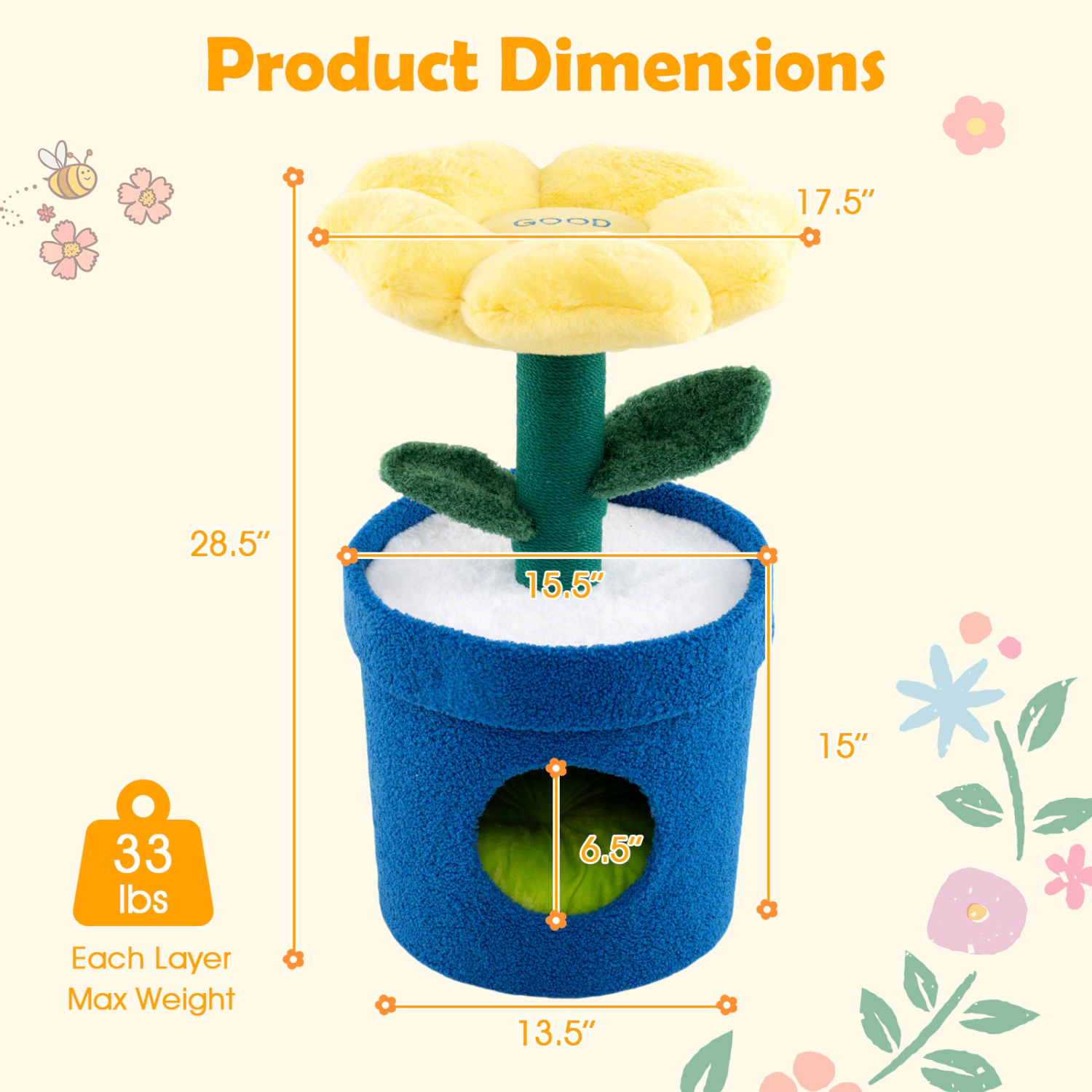 SUGIFT Cat Tree Yellow Flower Design with Padded Perch and Jute Rope Scratching Post