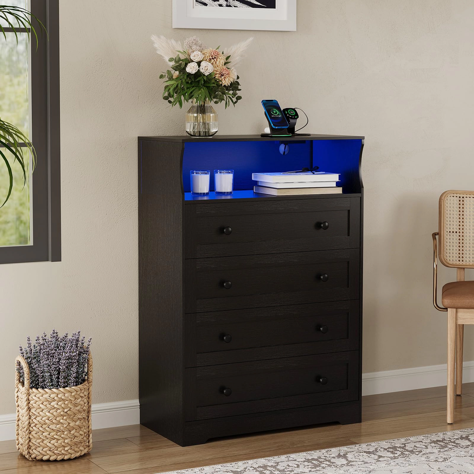 45.2" Tall 4 Drawer Dresser with LED Shelf & Charging Station, Wood Storage Chest
