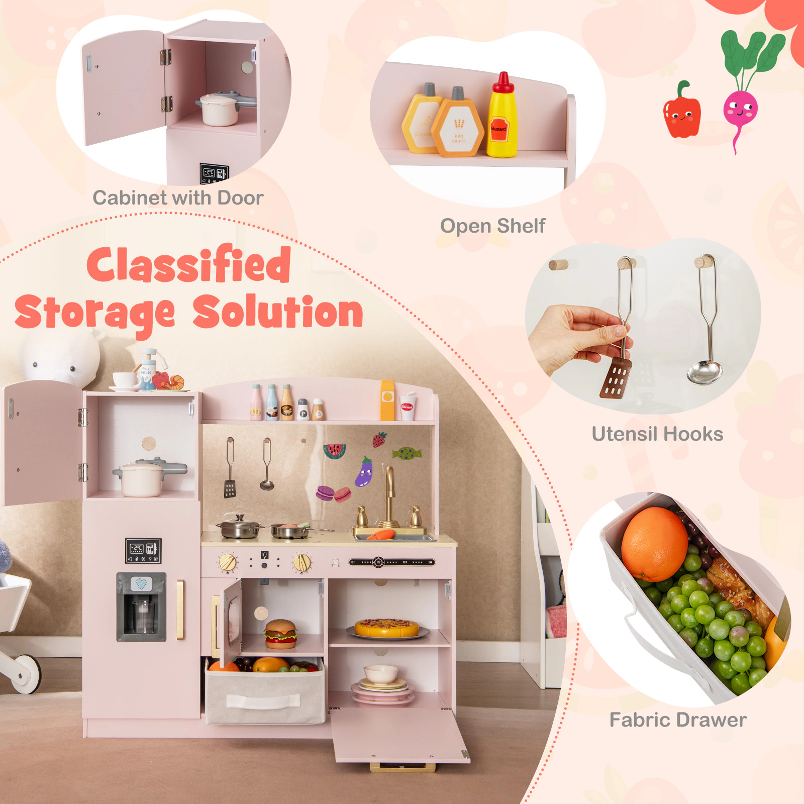 LJG Wooden Kids Kitchen Playset with Chalkboard Ice Maker Sink Lighted Microwave