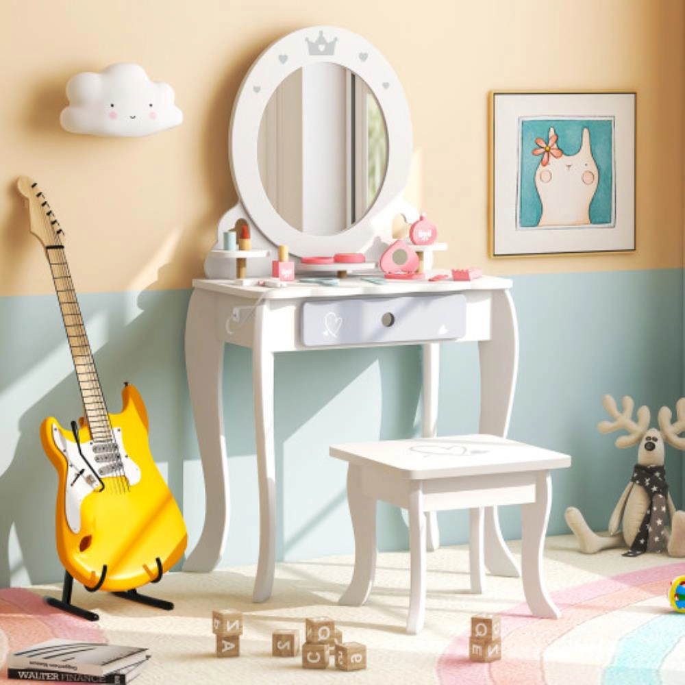 Hivvago Kids 2-In-1 Princess Makeup Table And Chair Set With Removable Mirror-White
