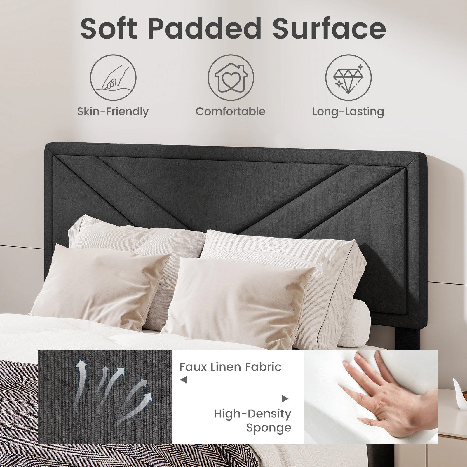 SUGIFT Upholstered Full Size Platform Bed Frame with Tufted Headboard and Wooden Slats 800-lb Capacity Gray