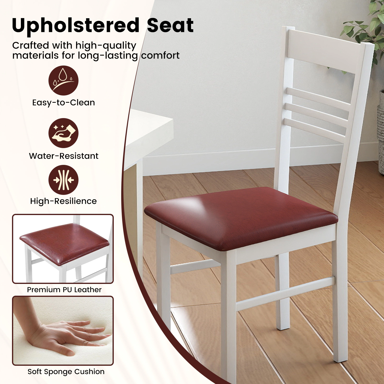 SUGIFT High-Back Rubber Wood Dining Chairs Set of 4 with Upholstered Seat 330-Lb Capacity White Frame Brown Seat