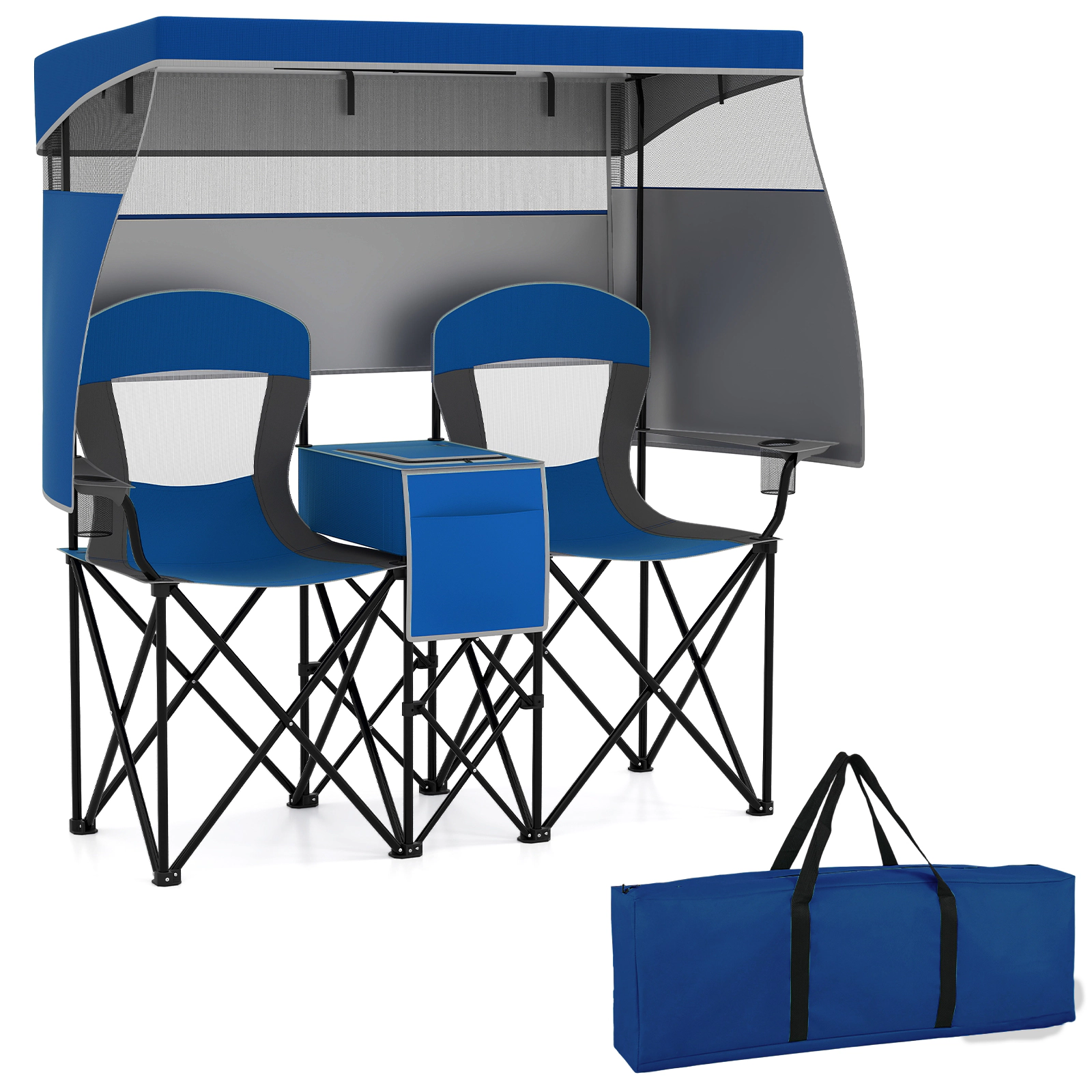 SUGIFT Double Beach Chair with Adjustable UPF50+ Canopy, Roll-Up Curtains, Cooler Pocket and Cup Holders