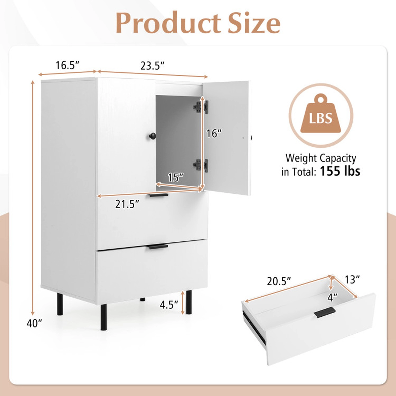 SUGIFT 2-Door Narrow 2 Drawers Metal Legs Sideboard Buffet Cabinet 23.5-in x 16.5-in x 40-in 155-lb Capacity White