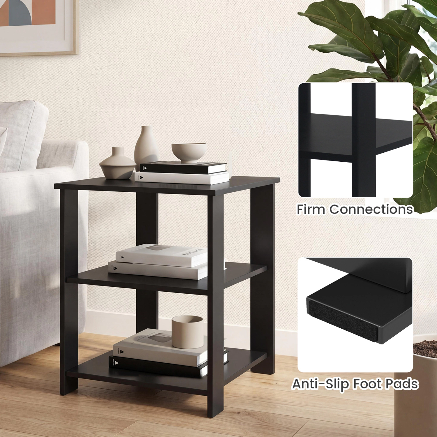 Glintex 3-Tier Square Nightstand with Open Shelves and Scratch-Resistant Finish